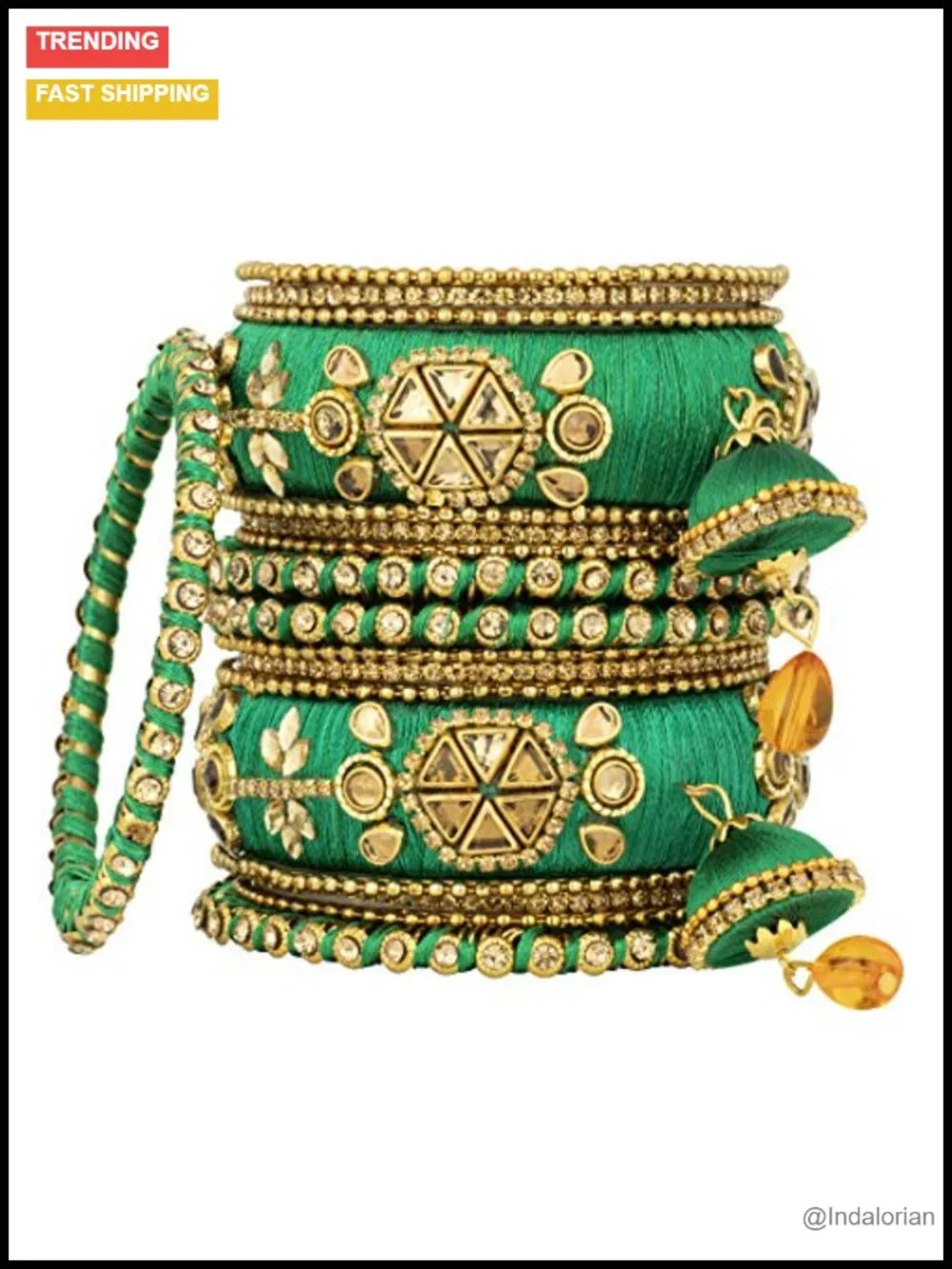 Faux Stone Studded Silk Thread Bangle Chuda Set with Jhumki Tassel Indian